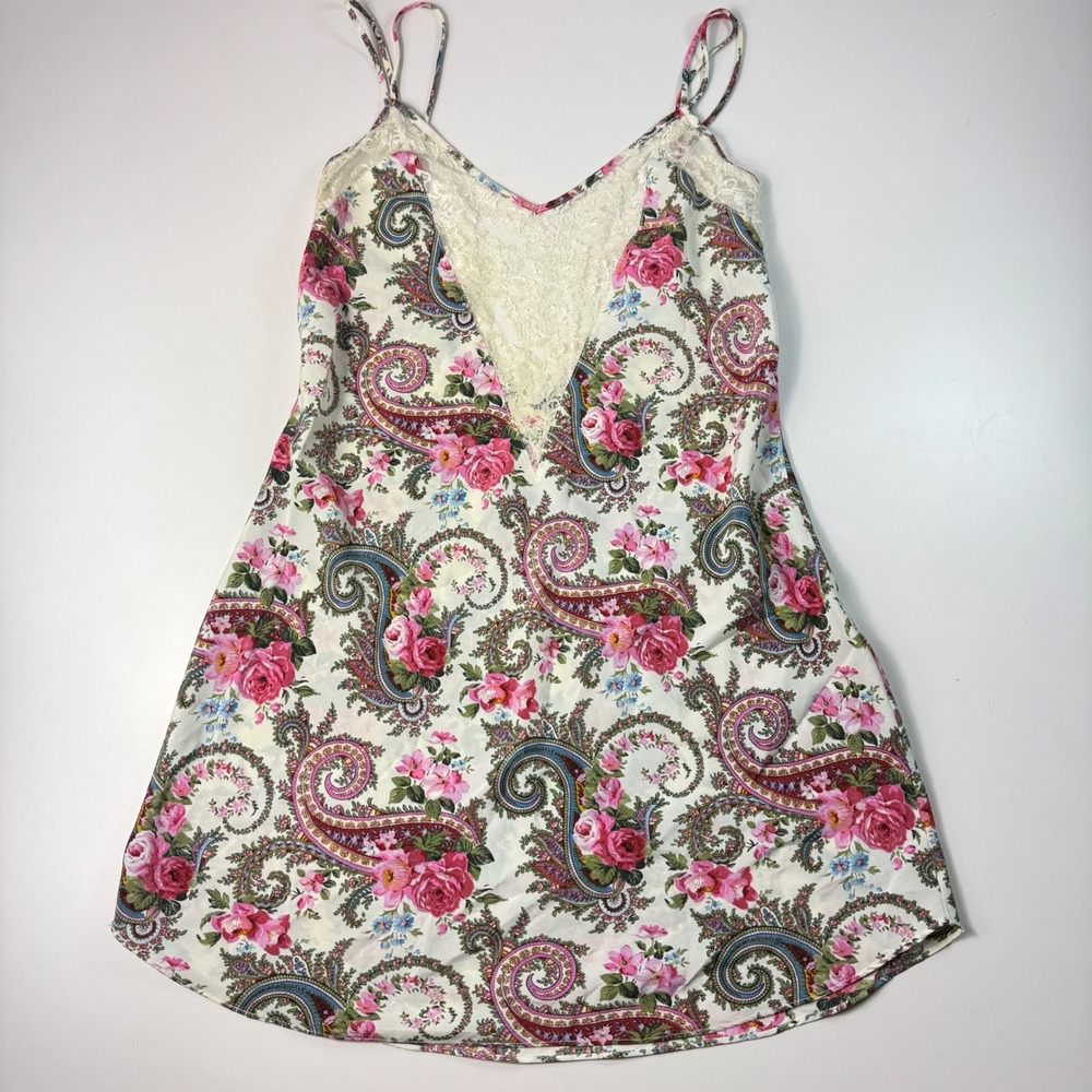 Victoria Secret Gold Label Womens M Slip Dress Pink Paisley Rose Lace Vintage